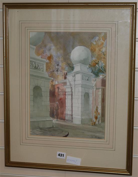 John Bastin (b.1929) , watercolour, Entrance gates to a building, 14.5 x 10.5ins